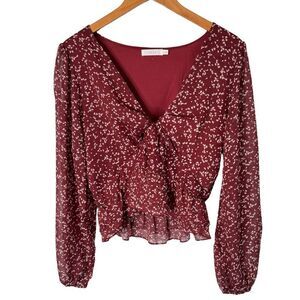 Lush Long Sleeve V-Neck Cropped Blouse - Brick Cream - Size XL (NWOT!)